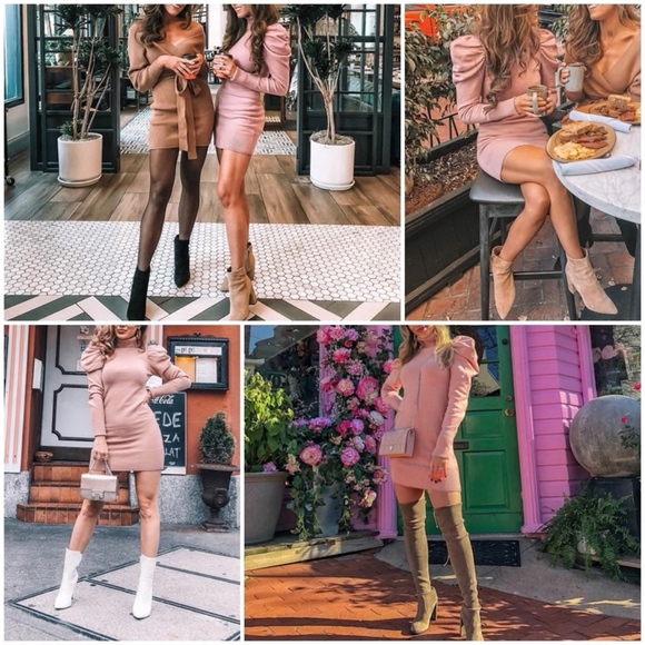 Pastel Pink Puff Sleeve Knit Mini Dress High Neck - Picture 3 of 12